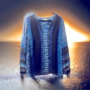 Ny Collection Blue & Black Animal Print Roll Tab Long Sleeve Blouse L